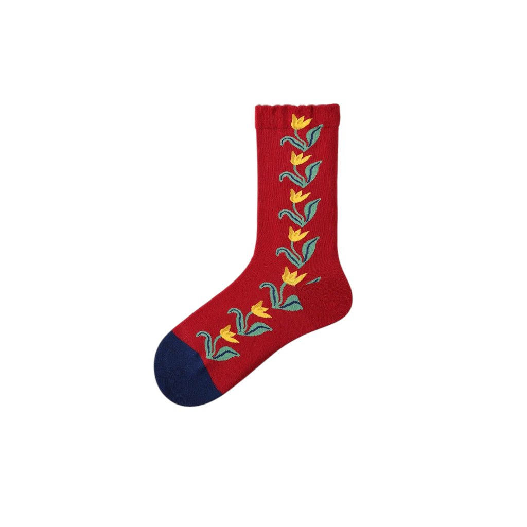 Red Botanical Print Women's Crew Socks, Comfortable Cotton Blend Premium Ankle Socks