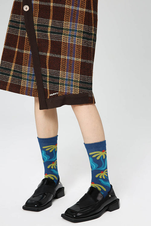 Blue Botanical Print Women's Crew Socks - Comfortable Cotton Blend Floral Socks for Women