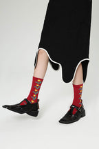 Red Botanical Print Women's Crew Socks, Comfortable Cotton Blend Premium Ankle Socks